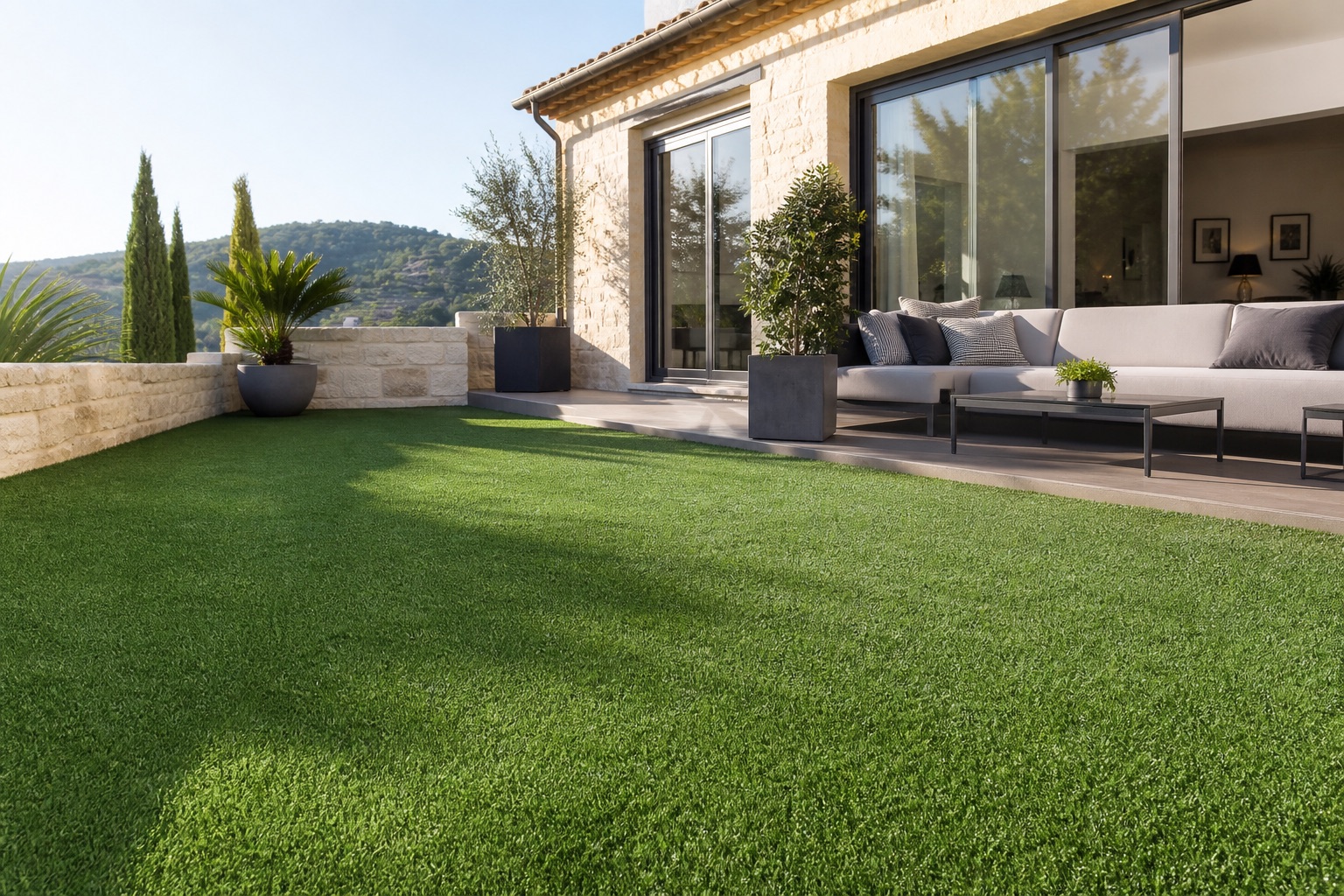 Terrasse lumineuse avec gazon synthetique premium